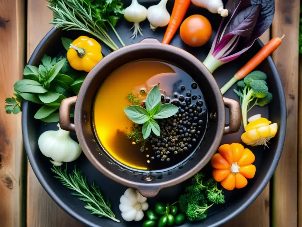 Un caldero de hierro con caldo aromático y hierbas, símbolo de recetas de sopas y caldos en rituales Wiccan y Paganos