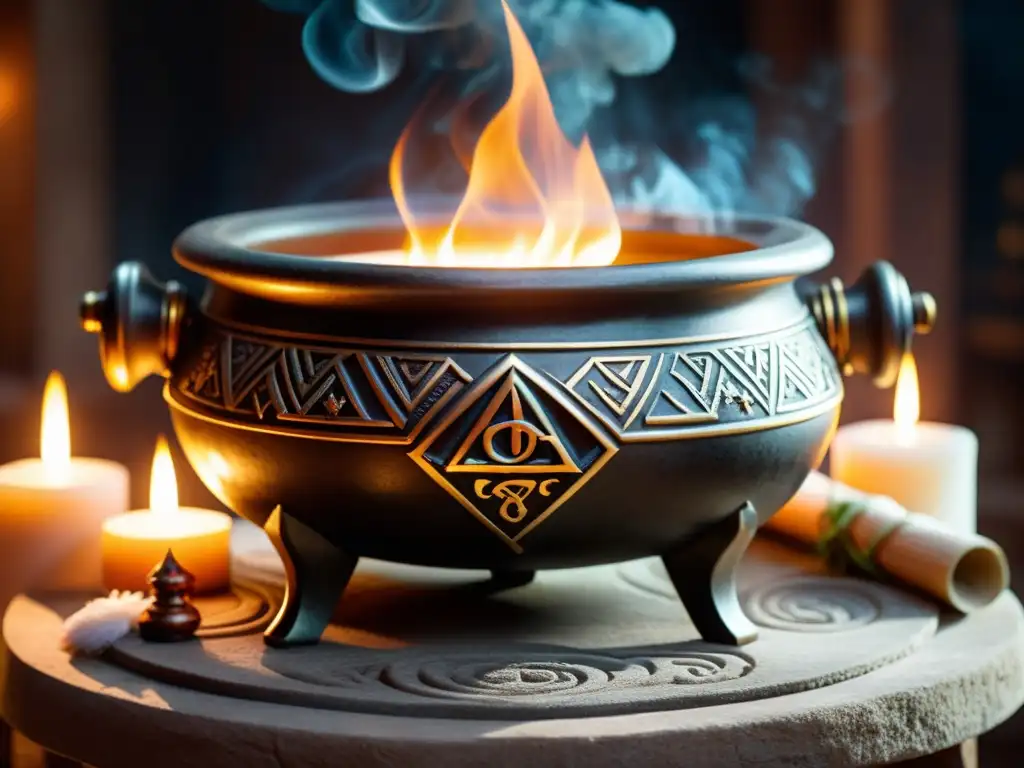 Un caldero ornamentado reposa en un altar de piedra, rodeado de velas y humo aromático