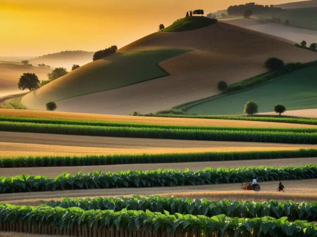 Un cálido atardecer baña un extenso campo en luz dorada, mientras los agricultores realizan rituales de cosecha y economía agraria