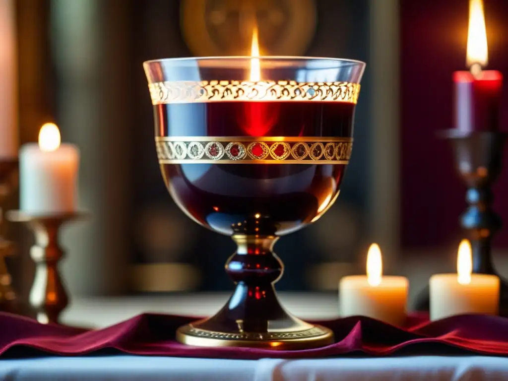 Un cáliz consagrado rebosante de vino tinto, rodeado de símbolos religiosos y una atmósfera reverente de luz de velas