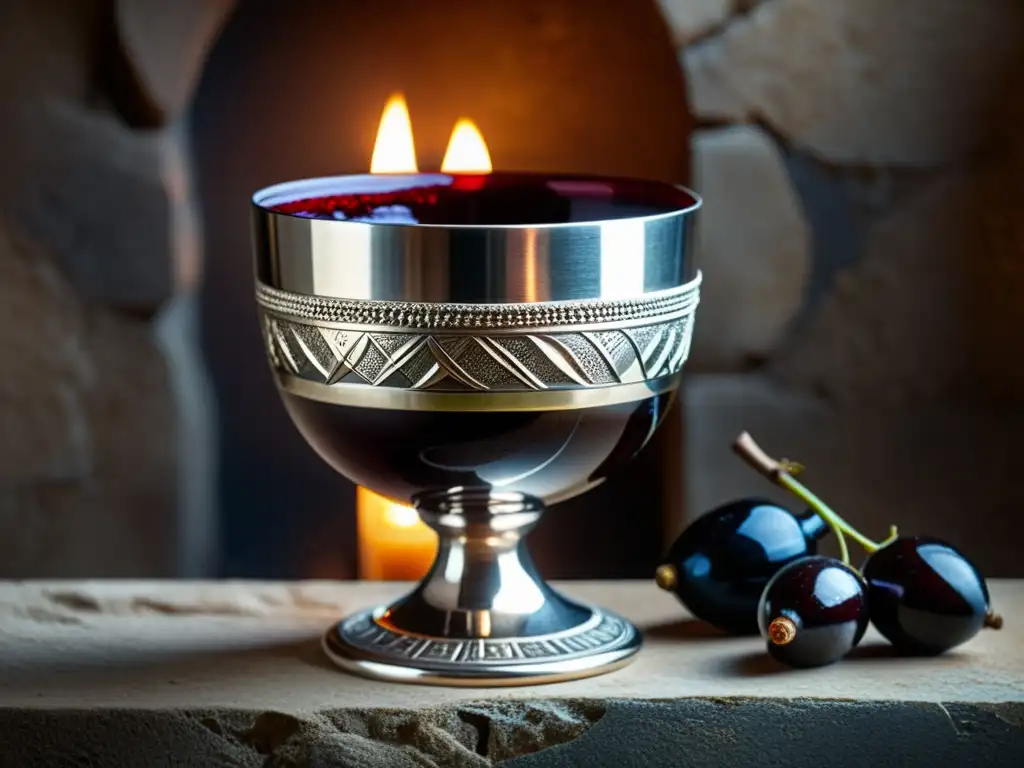 Un cáliz plateado lleno de vino tinto, sobre piedra antigua iluminada por velas