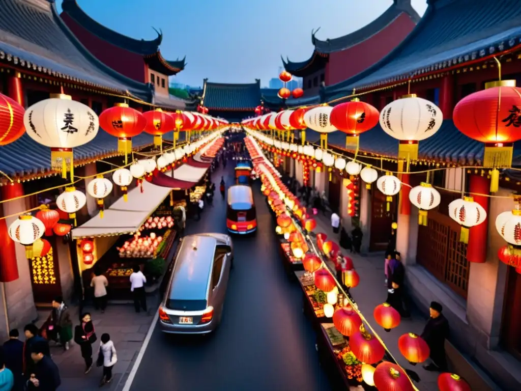 Una calle bulliciosa en China, decorada con coloridas linternas de diferentes formas y tamaños