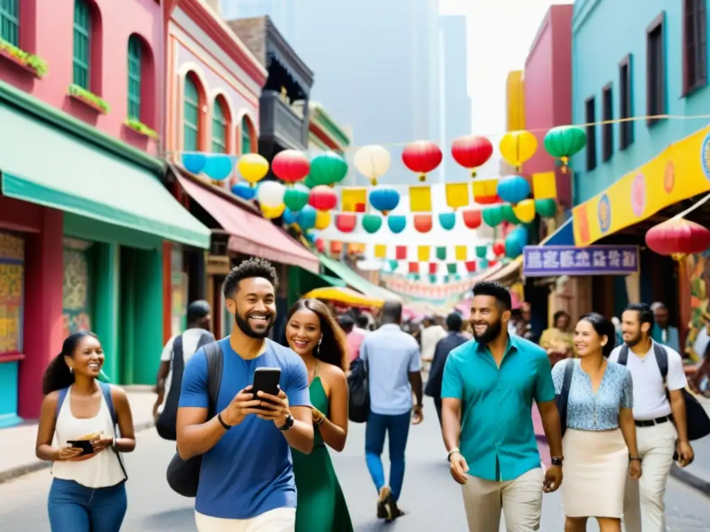 Una calle bulliciosa y diversa llena de interacciones sociales y tecnología, preservando rituales en redes en una comunidad multicultural