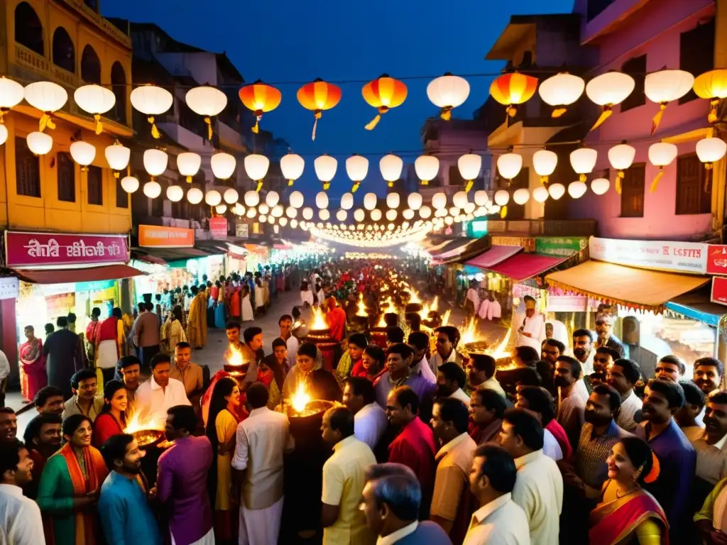 Una calle bulliciosa iluminada por lámparas de aceite y luces eléctricas durante Diwali