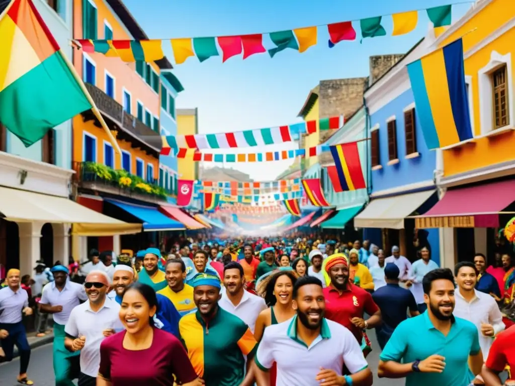 Una calle bulliciosa llena de participantes de una carrera colorida, con atuendos culturales y expresiones enérgicas