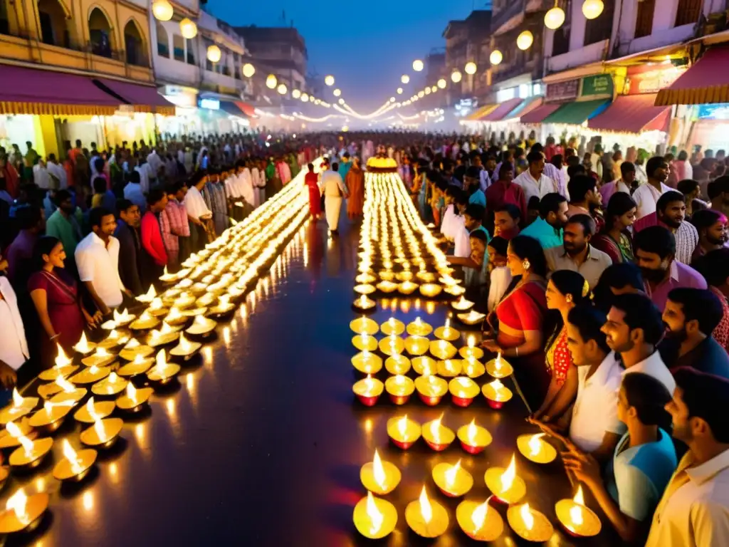 Una calle vibrante en India durante el Festival Navratri, con danza, devoción hindú y coloridos atuendos tradicionales