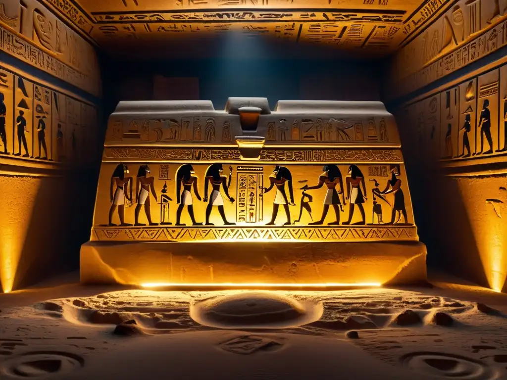 Una cámara funeraria egipcia dramática con rituales de muerte y resurrección Osiris, jeroglíficos y un sarcófago dorado en la penumbra