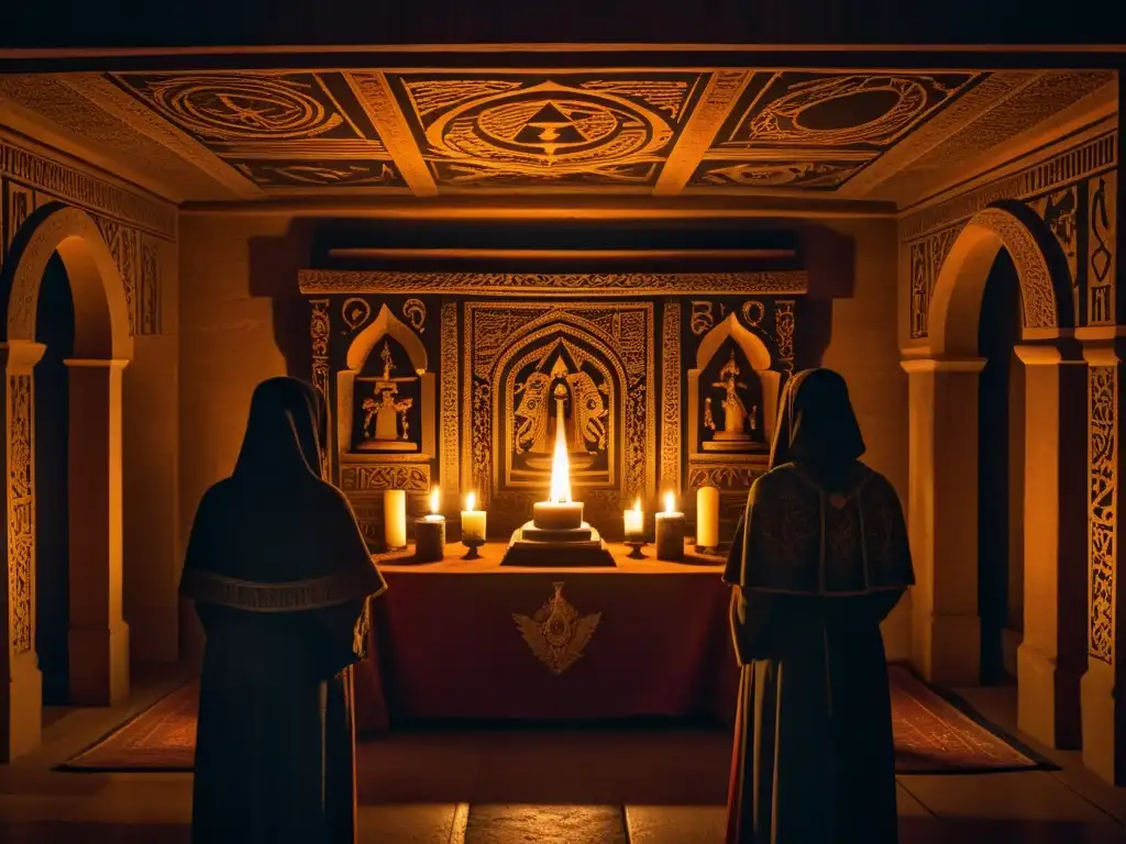 Ritual de iniciación en la sociedad secreta: misterio y solemnidad En una cámara oscura, figuras encapuchadas realizan ritos de afiliación en hermandades, alrededor de un altar iluminado por velas