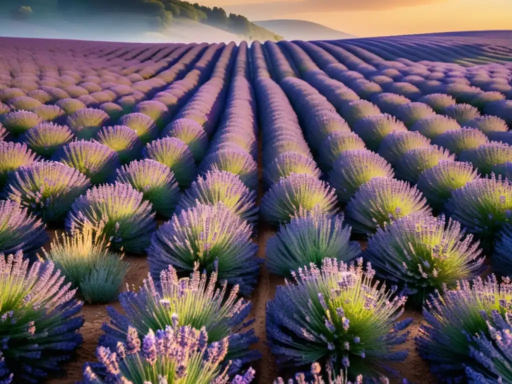 Un campo de lavanda al atardecer, bañado por la cálida luz dorada del sol