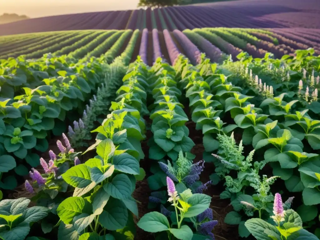 Un campo de patchouli al atardecer, con filas de plantas verdes y flores moradas, evoca rituales ancestrales con aceites esenciales