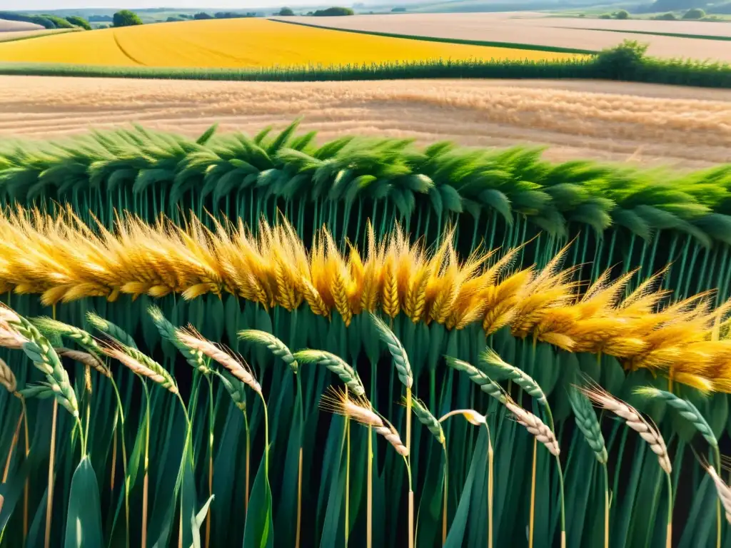 Campo de trigo bañado por el sol con celebración de Lughnasadh en el horizonte