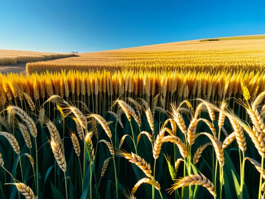 Campo de trigo dorado iluminado por el sol, cielo azul despejado y celebración de Lughnasadh en el horizonte