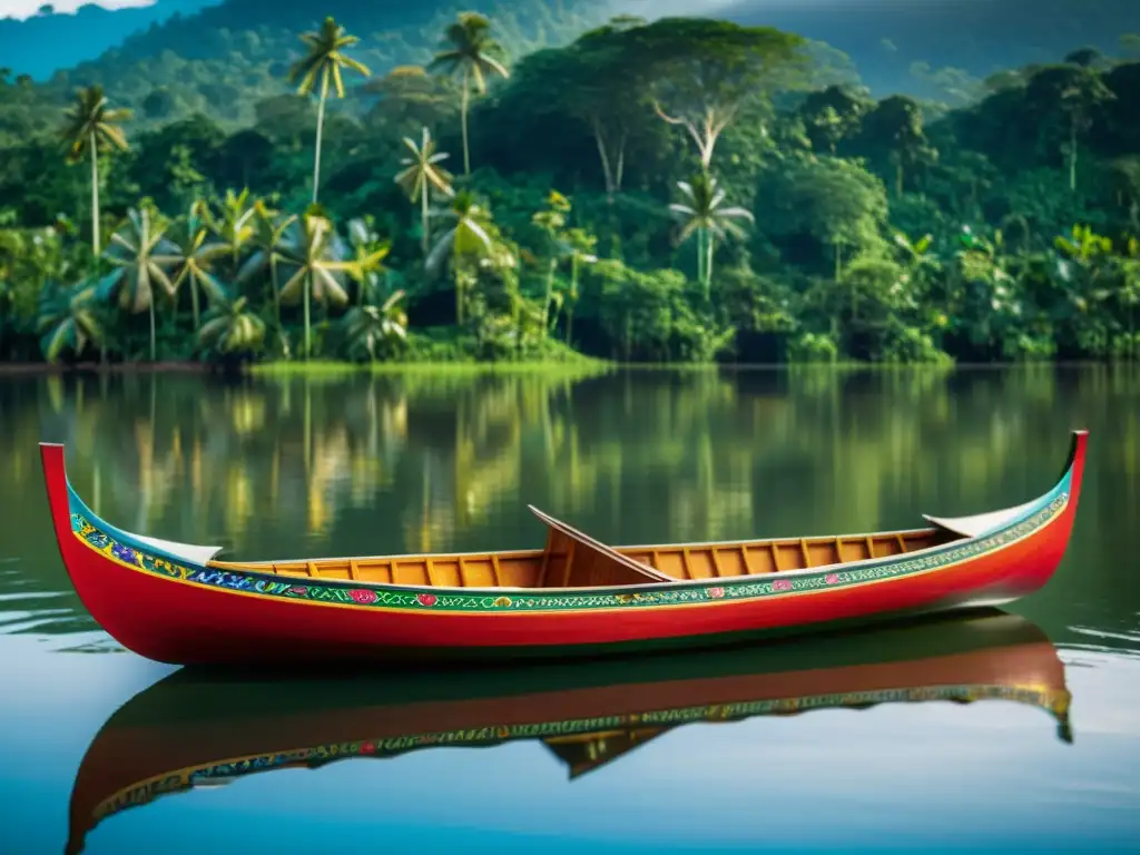 Una canoa de madera ricamente tallada, adornada con símbolos y motivos pintados a mano, flota con gracia en las tranquilas aguas del río Amazonas