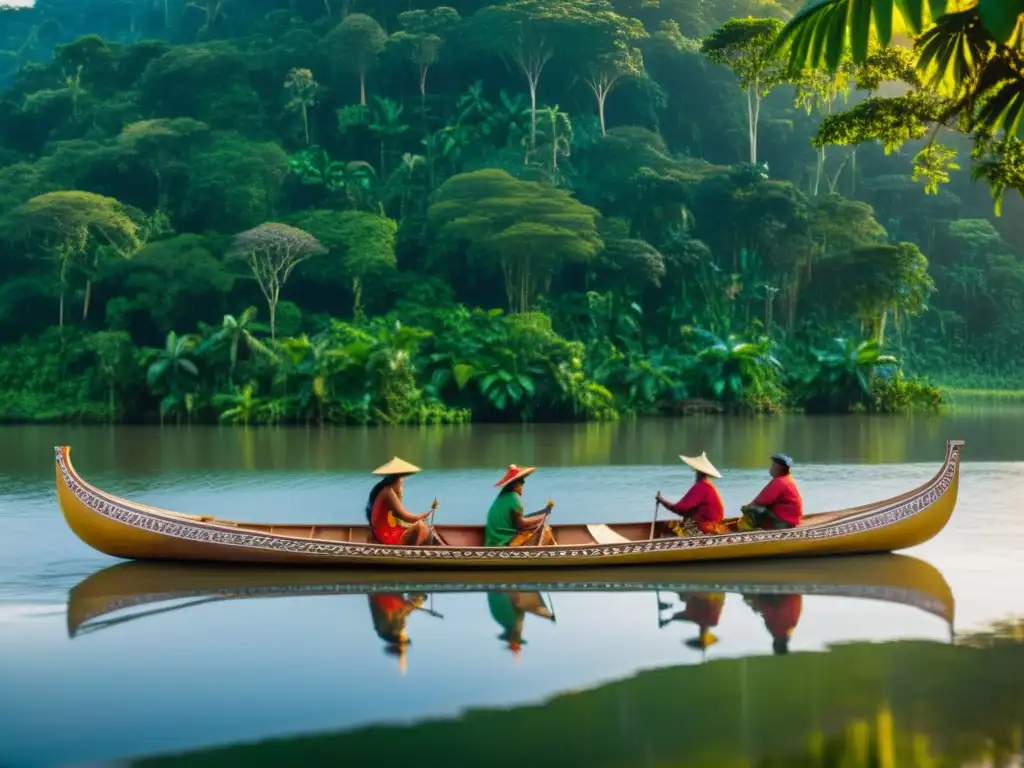 Una canoa de madera tallada flota en el tranquilo río Amazonas, decorada con símbolos pintados a mano y patrones geométricos