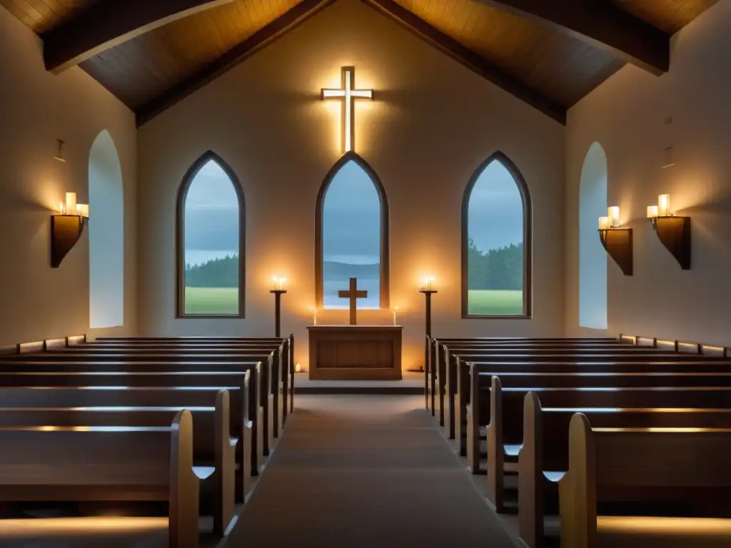 Una capilla serena iluminada por luz dorada, con bancas de madera conduciendo hacia una cruz