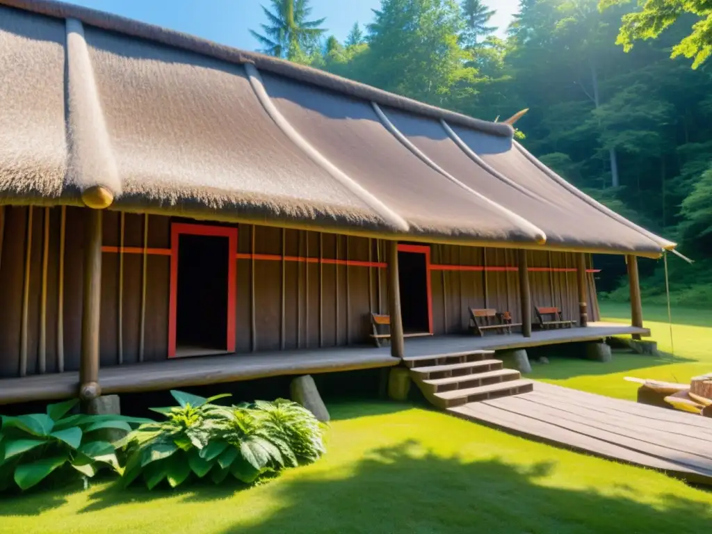 Una casa longhouse Iroquesa tradicional con tallados y diseños pintados, bañada por la cálida luz del sol