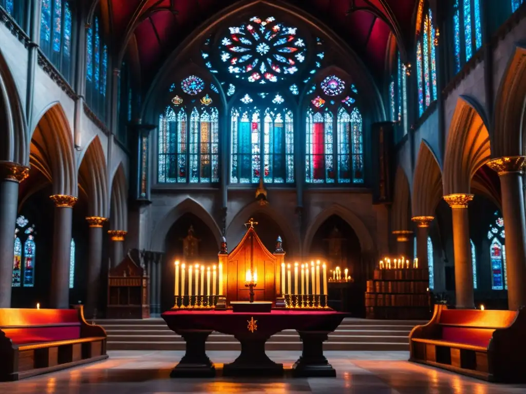 En una catedral gótica, un misterioso ritual de inmortalidad se desarrolla con libros antiguos, velas y un cáliz rebosante