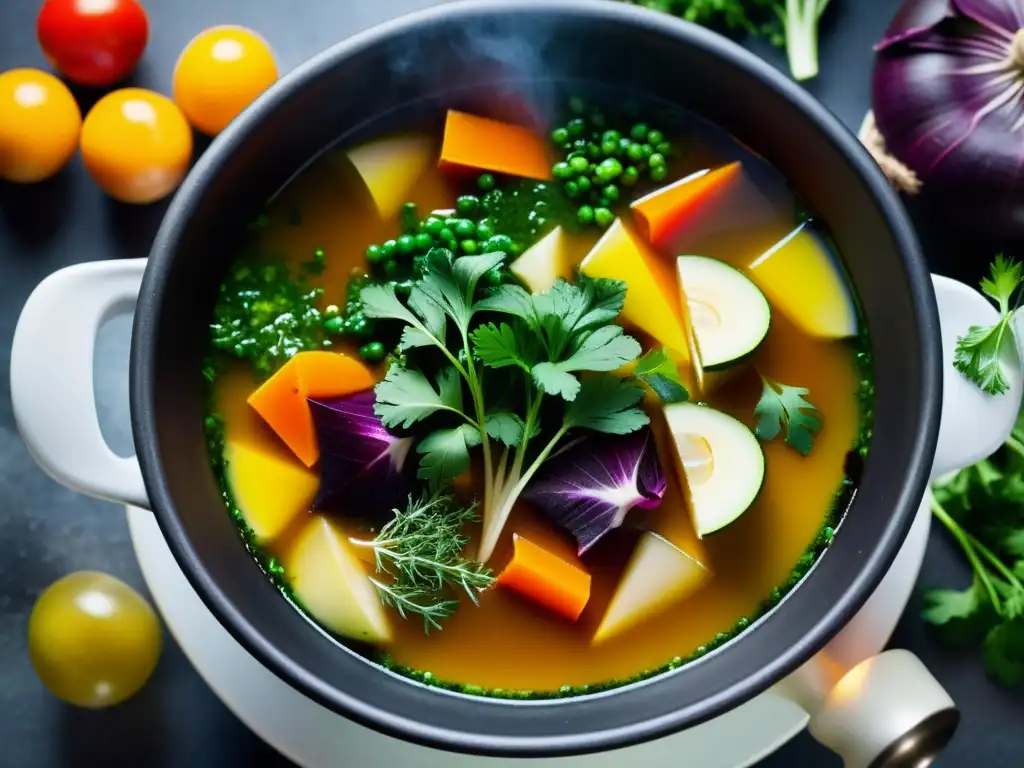 Una cauldron humeante llena de caldo aromático rodeada de vegetales frescos y hierbas curativas