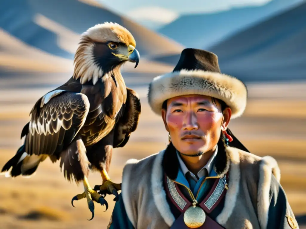 Un cazador de águilas de oro de Mongolia con su majestuoso águila en el Festival Águilas de Oro Mongolia