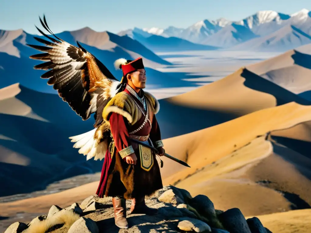 Un cazador de águilas de oro de Mongolia con su águila majestuosa en un paisaje épico