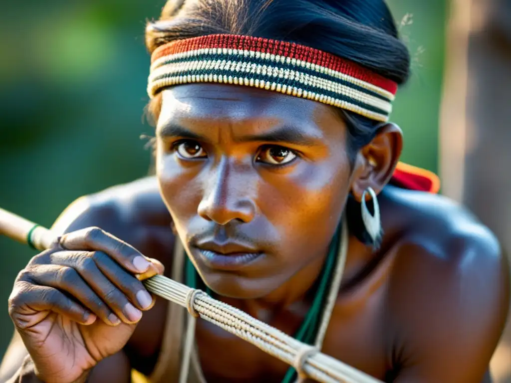 Un cazador indígena experto, con determinación en sus ojos, elaborando una herramienta de caza con técnicas ancestrales