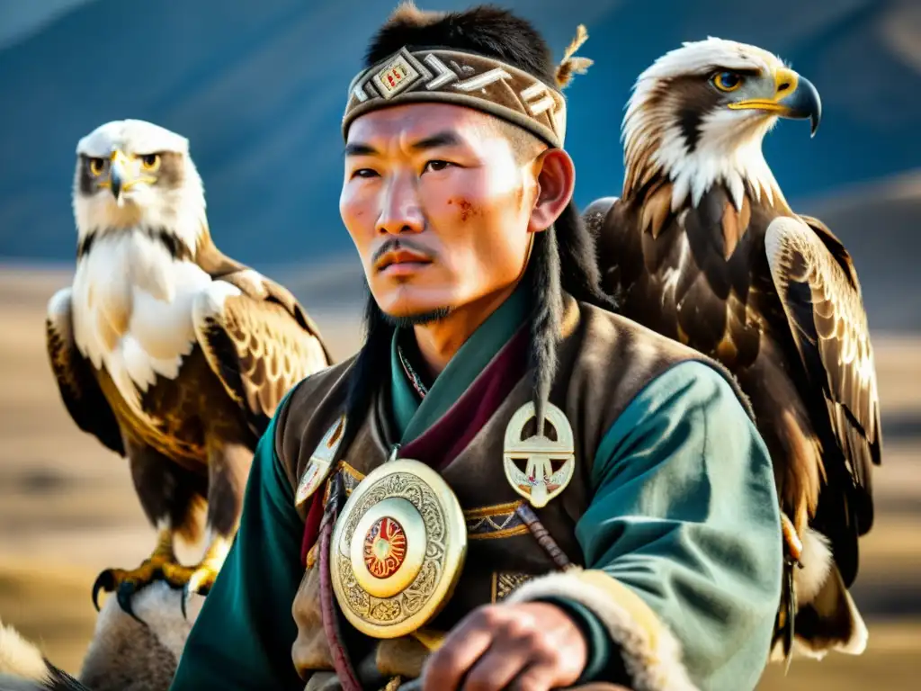 Un cazador mongol con su águila dorada, ataviados con trajes tradicionales, en el Festival Águilas de Oro Mongolia