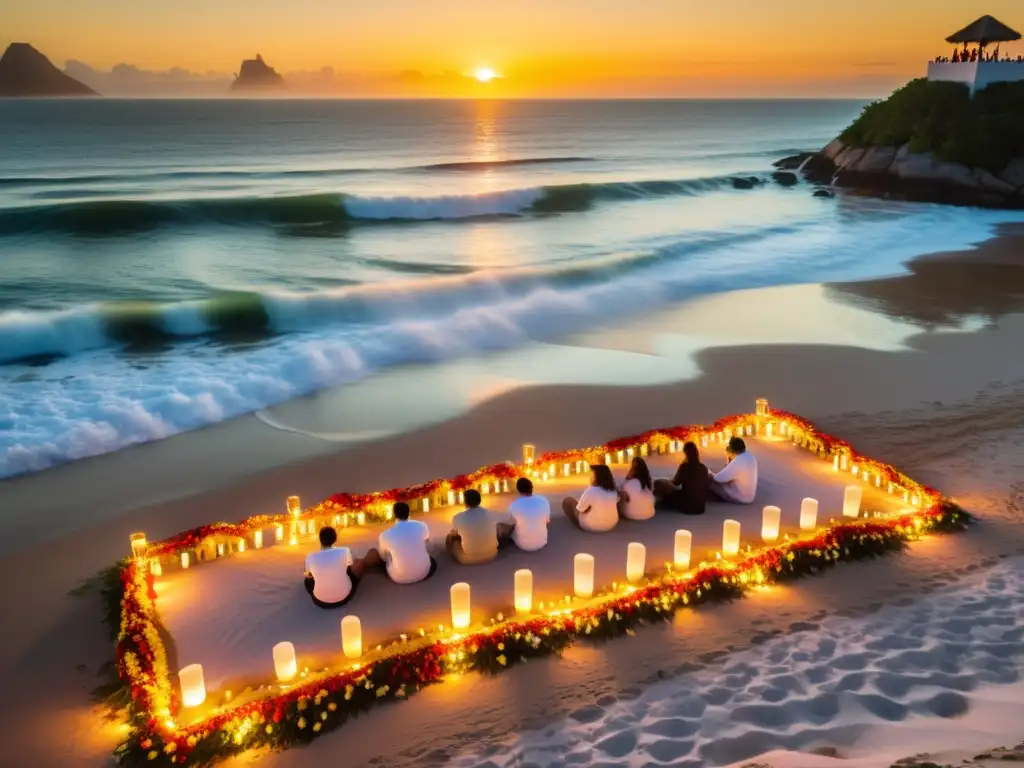 Una celebración de Año Nuevo en una playa exótica de Brasil, con gente haciendo ofrendas a la diosa Iemanjá al atardecer