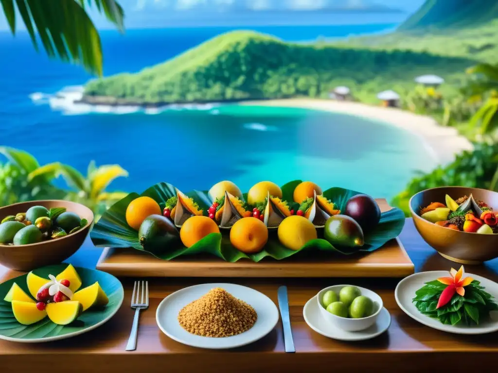 Una celebración culinaria en Oceanía: rituales gastronómicos sagrados mundo, frutas tropicales, mariscos y vivos colores