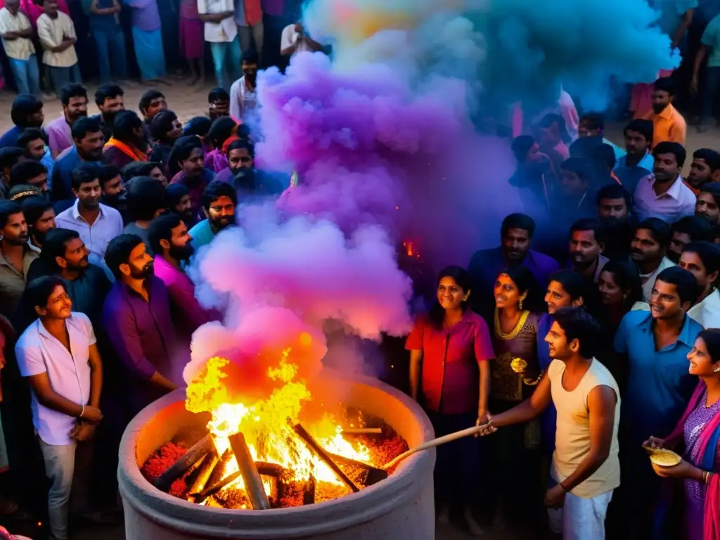 La celebración del Holika Dahan durante el festival de Holi, con una gran fogata y gente diversa