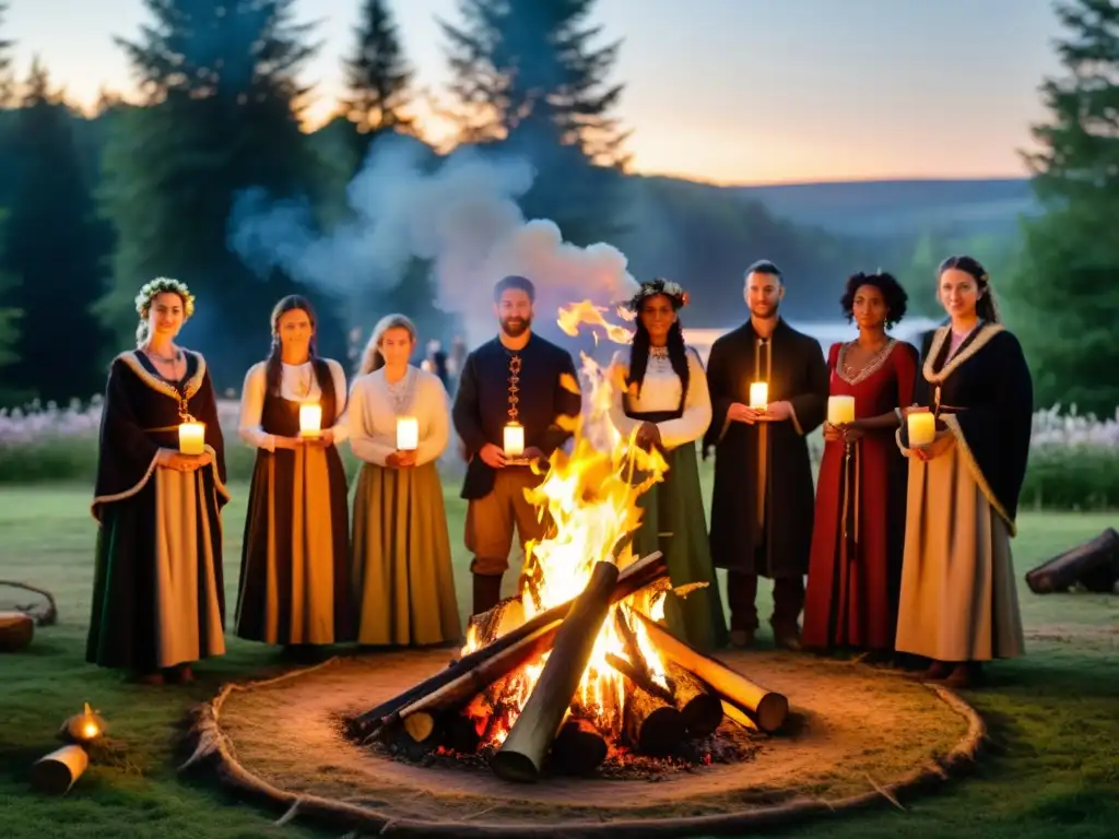 Una celebración Imbolc en la tradición pagana: personas vestidas con ropa tradicional alrededor de una fogata en el bosque, iluminadas por las llamas