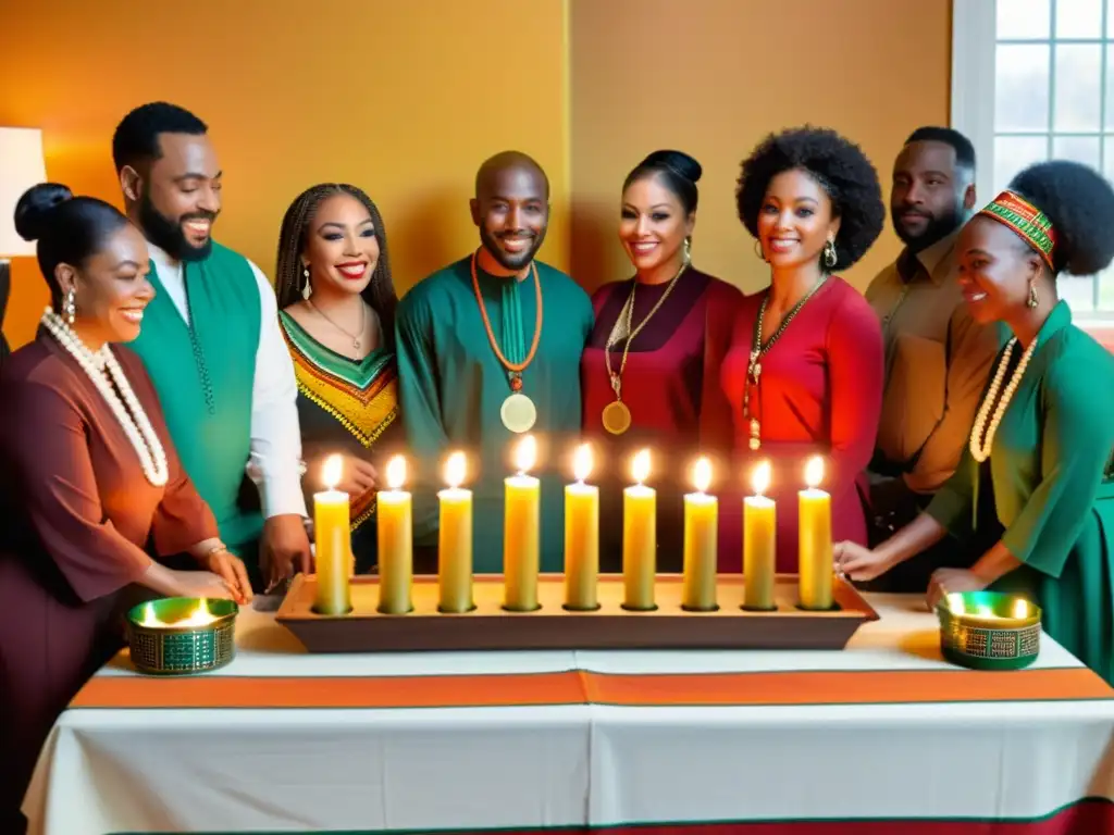 Unidos en la celebración de Kwanzaa: Ritual de encendido de velas Una celebración de Kwanzaa llena de unidad y tradición, con rituales afroamericanos y una cálida atmósfera de comunidad