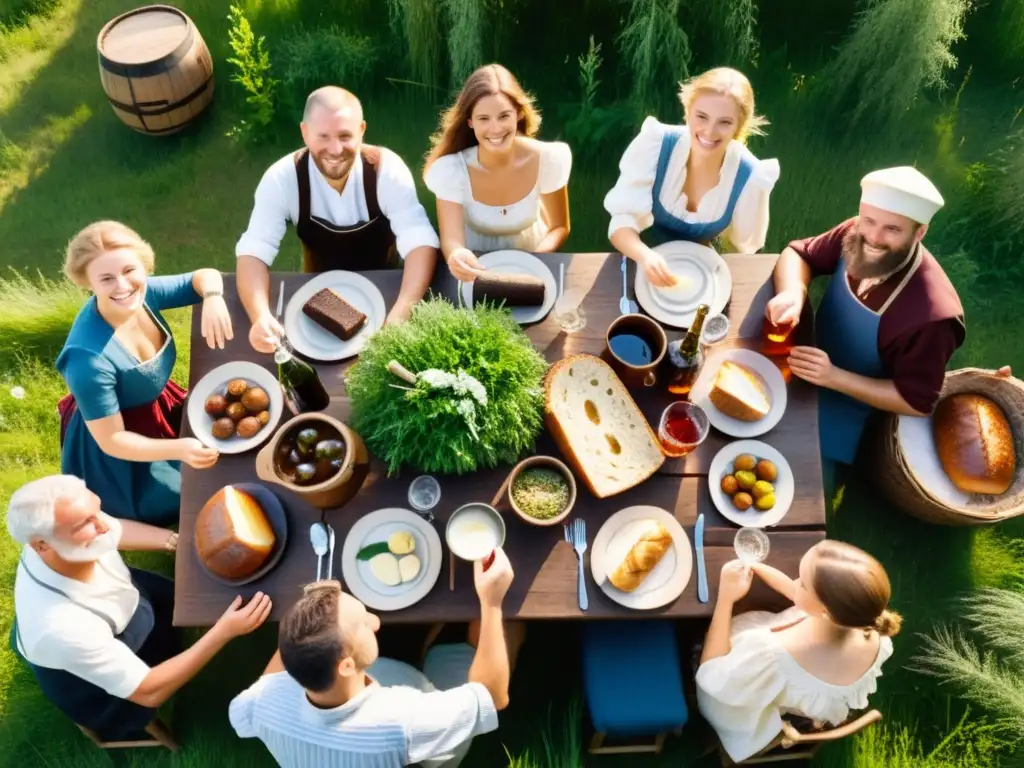 Una celebración tradicional eslava alrededor de una mesa con kvass, borscht y pan de centeno