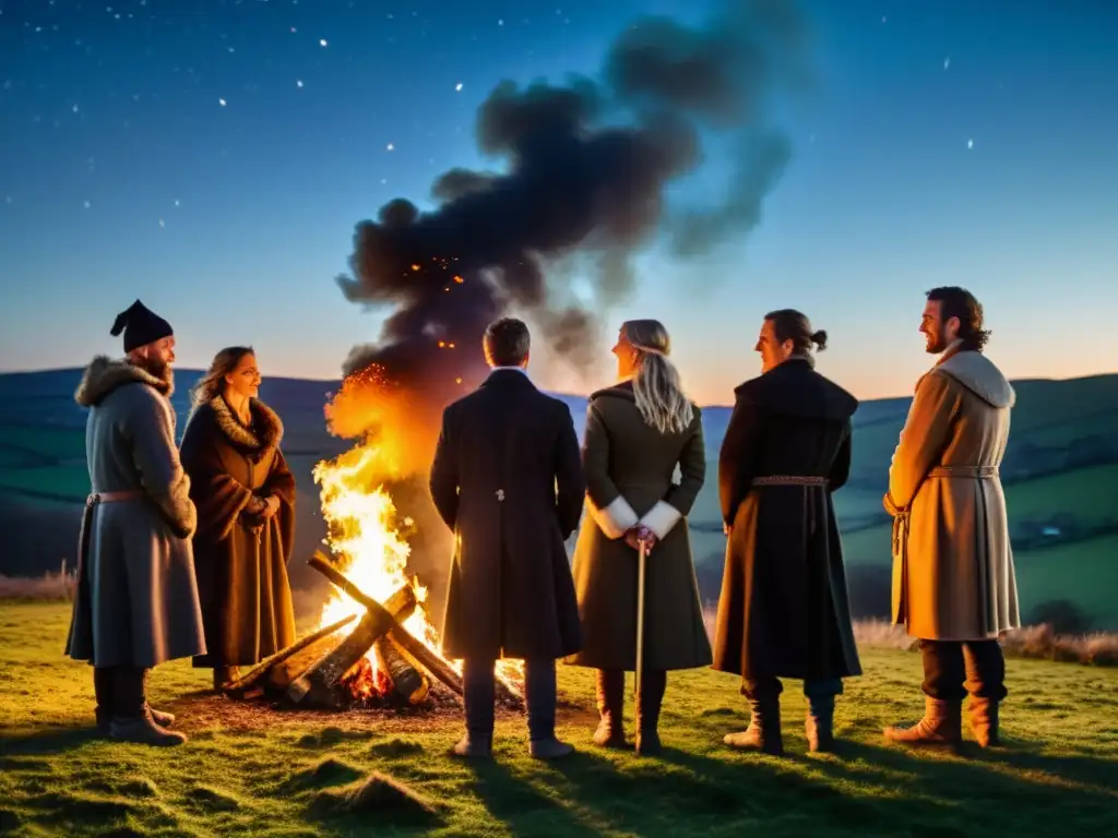 Una celebración Imbolc tradición pagana con gente alrededor de una fogata en el campo, mezclando lo antiguo con lo moderno bajo las estrellas