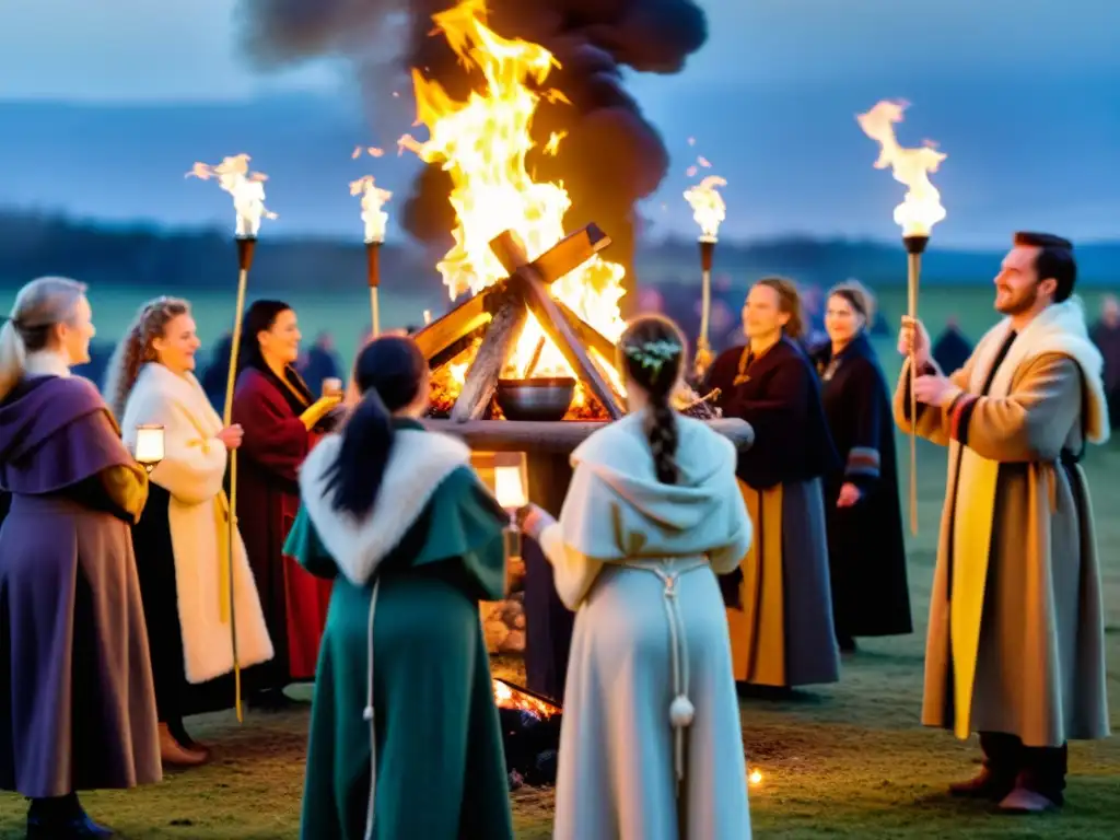 Una celebración Imbolc tradición pagana: grupo de personas con túnicas coloridas bailando alrededor de una fogata con decoraciones tradicionales