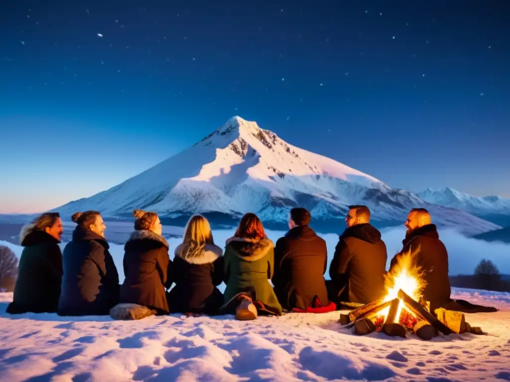 Una celebración Imbolc tradición pagana: rituales alrededor de una fogata con montañas nevadas de fondo y detalles ritualísticos