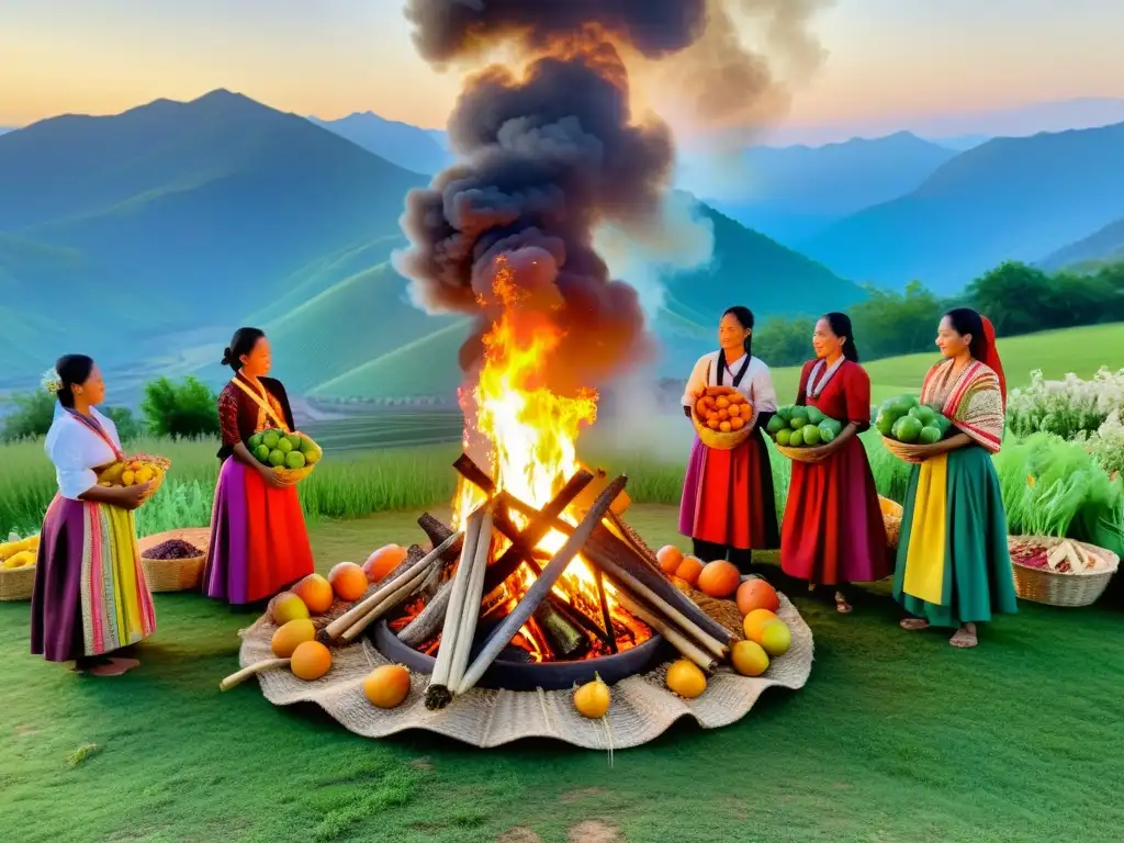 Una celebración ritual de fertilidad con platos tradicionales y coloridos atuendos alrededor de una gran fogata en un entorno natural exuberante