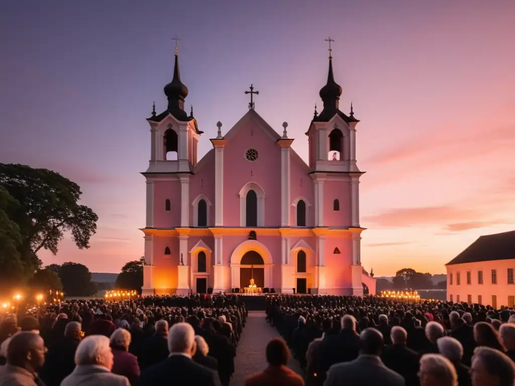 Una celebración solemne de la Transfiguración del Señor, con personas reunidas frente a una iglesia histórica iluminada por velas al atardecer