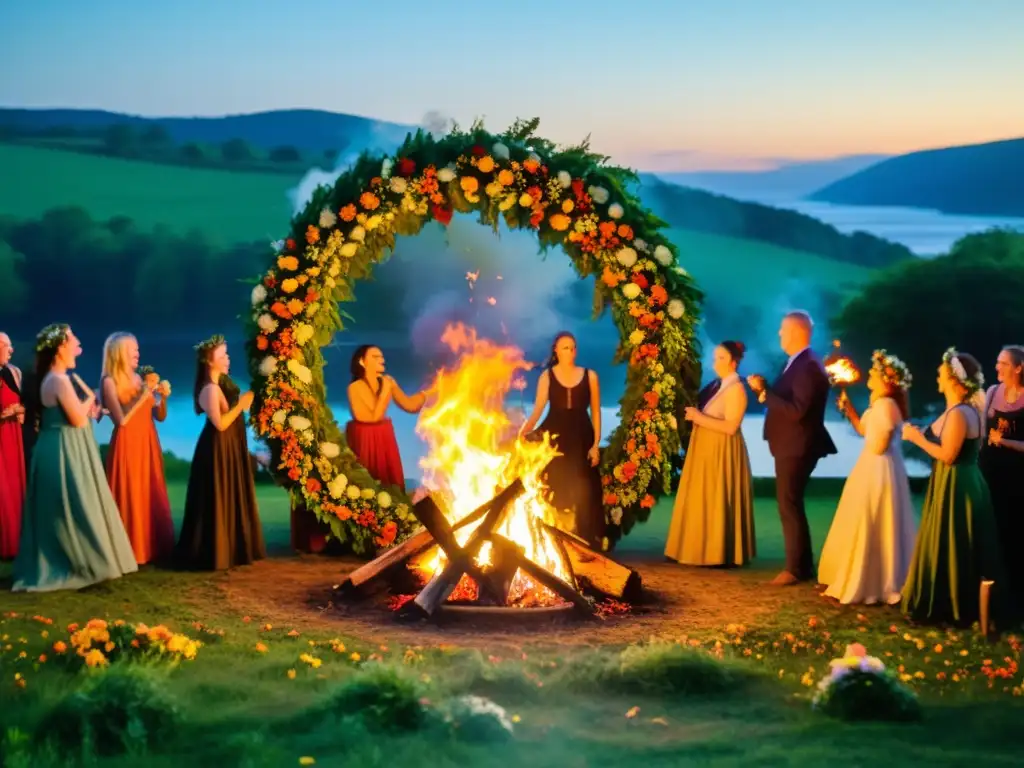 Una celebración vibrante del Beltane, con un gran fuego y participantes adornados con guirnaldas florales, en un entorno verde exuberante