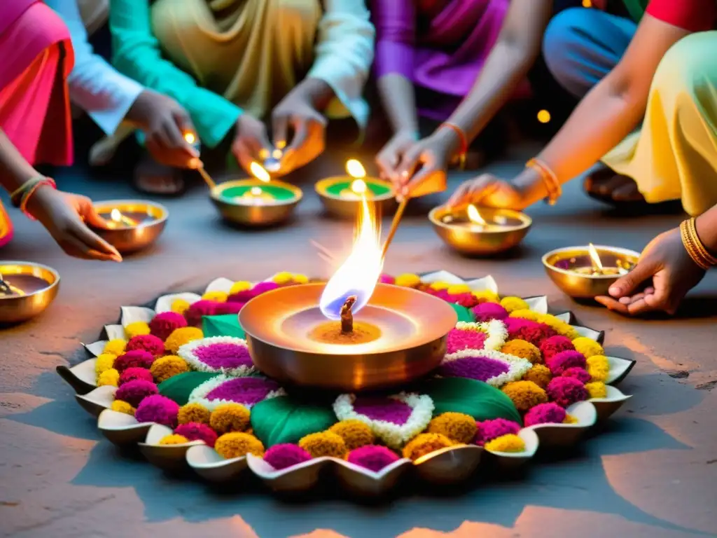 Una celebración vibrante de Diwali en India con luces de aceite, diseños de rangoli, risas y fuegos artificiales