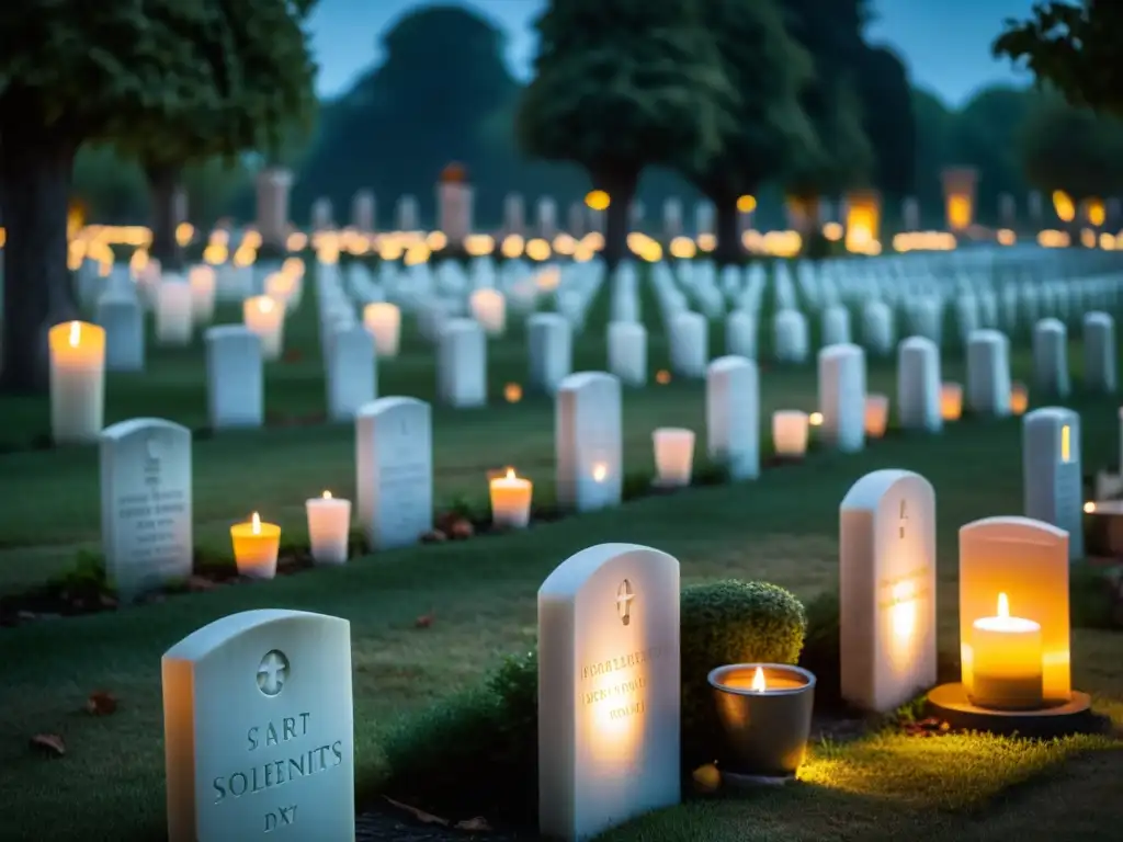 Un cementerio iluminado por velas en la noche, evocando la solemnidad de los rituales de honrar a difuntos en el Día de Todos los Santos