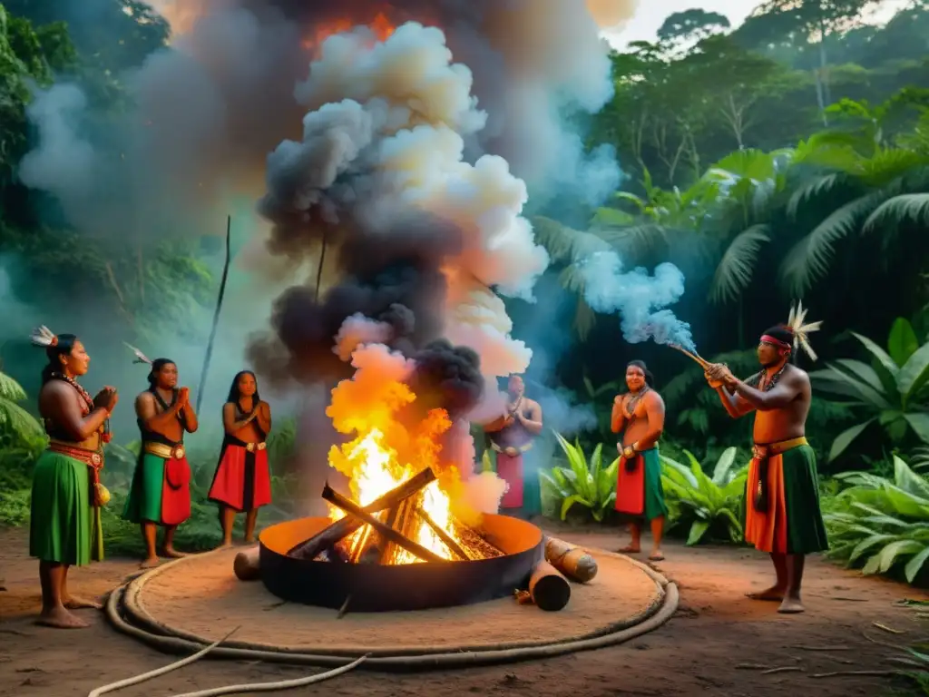 Una ceremonia ancestral de un grupo indígena en la selva, evocando el poder de las técnicas etnográficas en rituales ancestrales