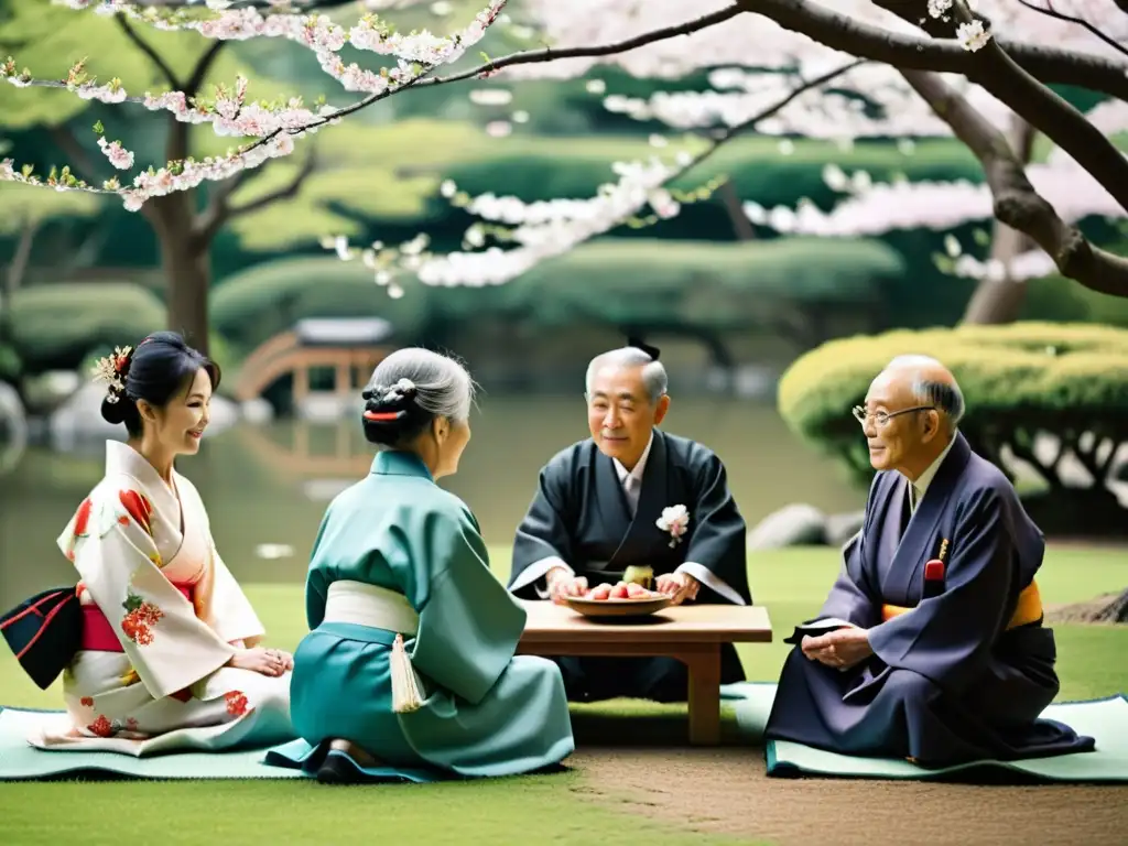 Ceremonia de jubilación Ikigai en Japón: ancianos en kimonos intercambian regalos bajo cerezos en flor, en un ambiente de serenidad y respeto