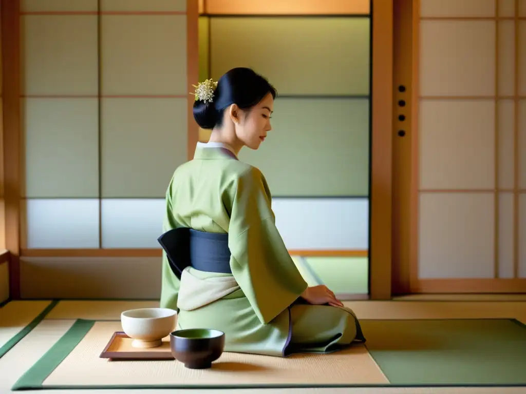 Una ceremonia del té matcha tradición zen: una anfitriona grácil en un kimono vibrante prepara matcha en un ambiente sereno y minimalista