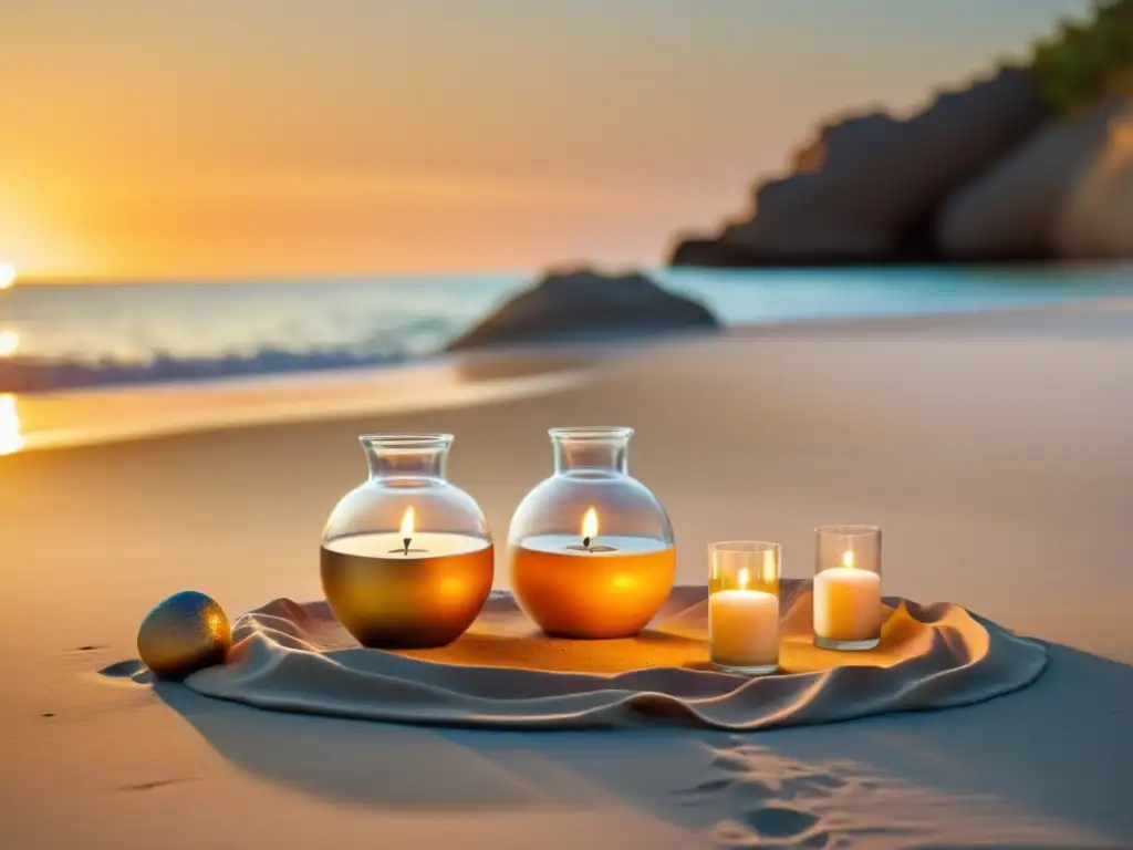 Ceremonia de arena paso a paso en una playa al atardecer, donde una pareja combina sus vidas mientras las olas rompen suavemente en la orilla