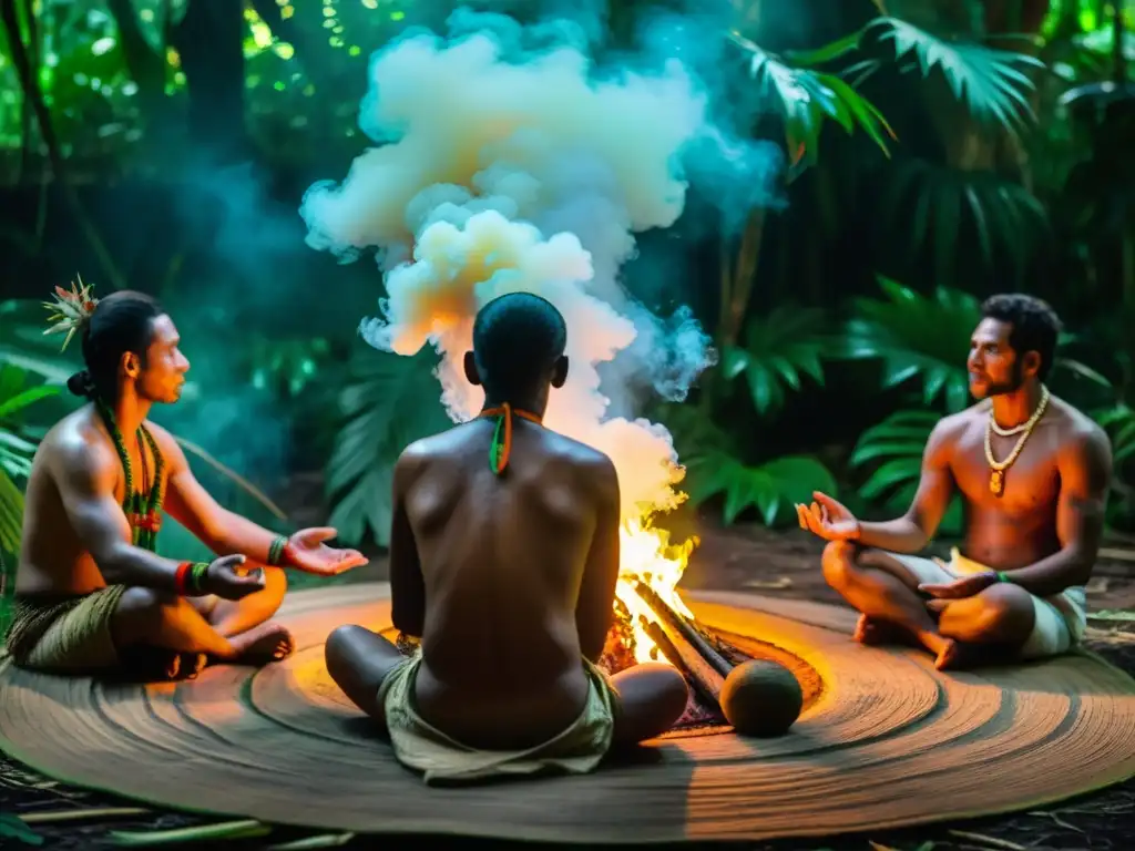 Shamán dirige ceremonia de Ayahuasca en la selva amazónica, inmerso en la espiritualidad del ritual