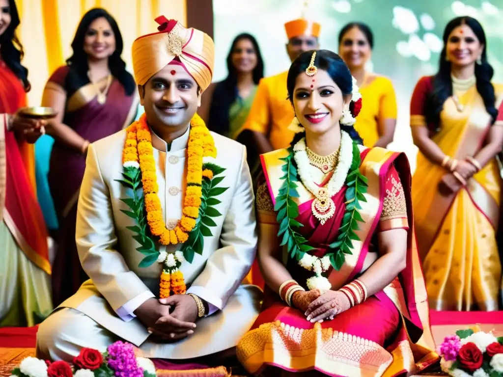 Una ceremonia de boda hindú durante Tulsi Vivah, con la planta sagrada tulsi adornada con flores y guirnaldas