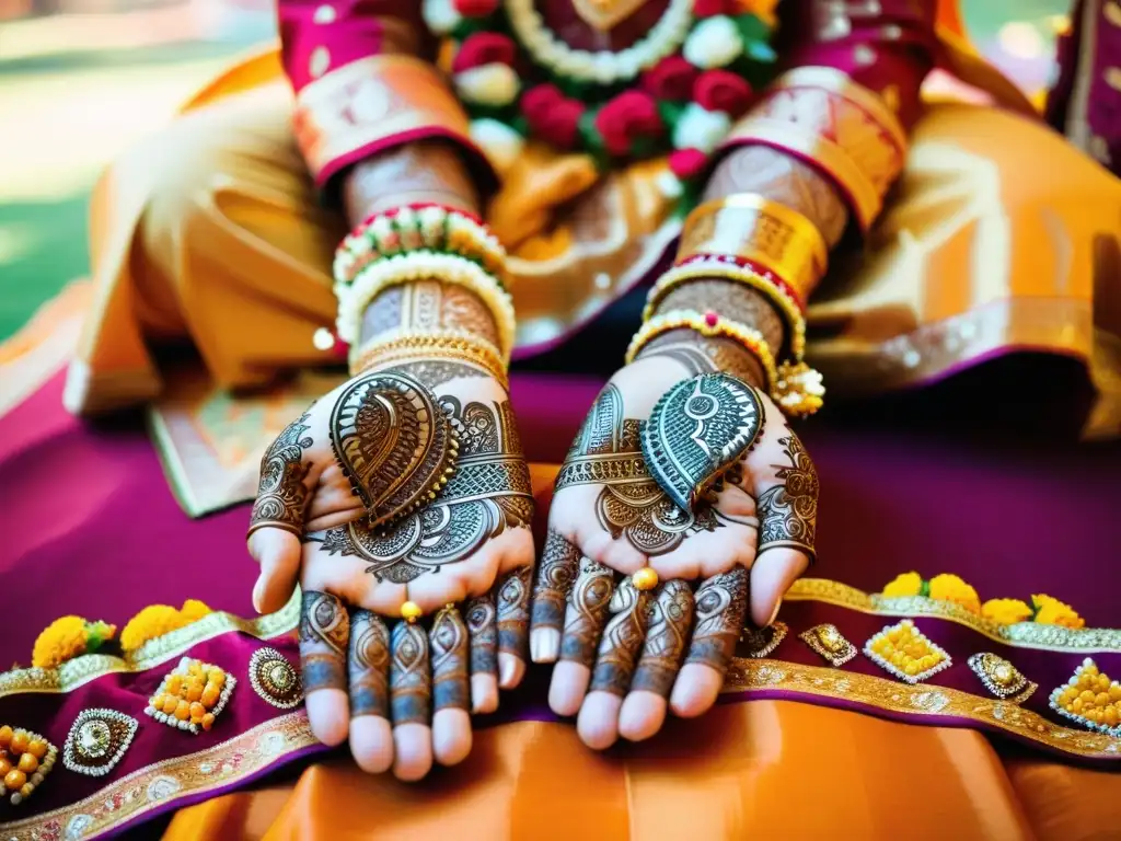 Una ceremonia de boda hindú vibrante, con la pareja en atuendos coloridos y decoraciones ornamentales