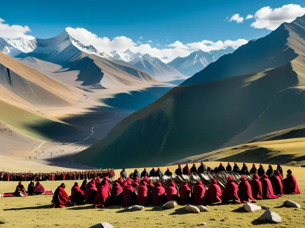 Una ceremonia de cielo funerario tibetano en la montaña