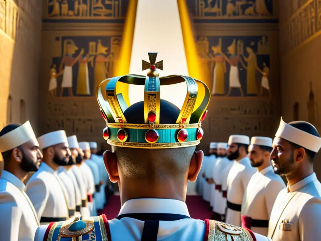 Ceremonia de coronación del faraón con la colocación de la intricada corona dorada, rodeado de sacerdotes y dignatarios en un ceremonial grandioso