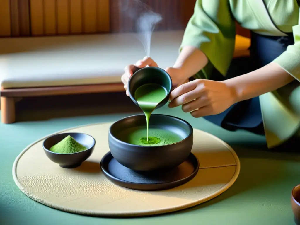 Una ceremonia del té matcha tradición zen: preparación cuidadosa en una serena atmósfera japonesa